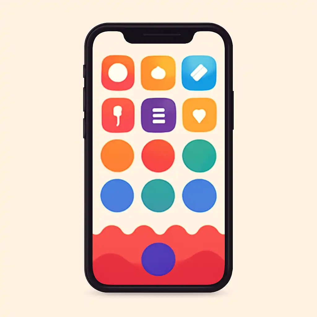 Smartphone shown from the front displaying a colourful flat layout of abstract game icons and rounded tiles, Plinko Game