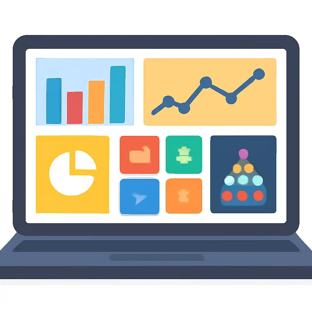 Laptop shown from the front displaying a colourful flat dashboard of abstract charts, bars and icon tiles, Plinko Game