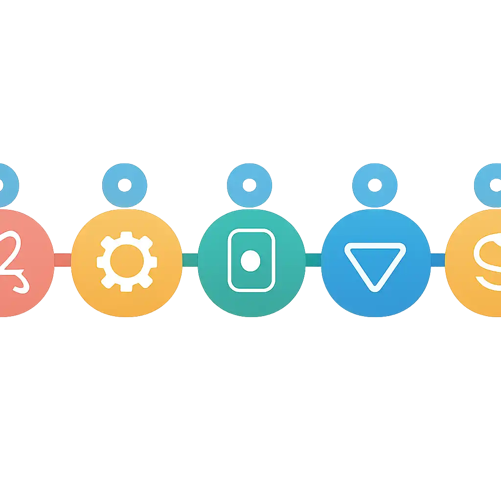 Five numbered circular icons connected by arrows in a horizontal flow, Plinko Game steps