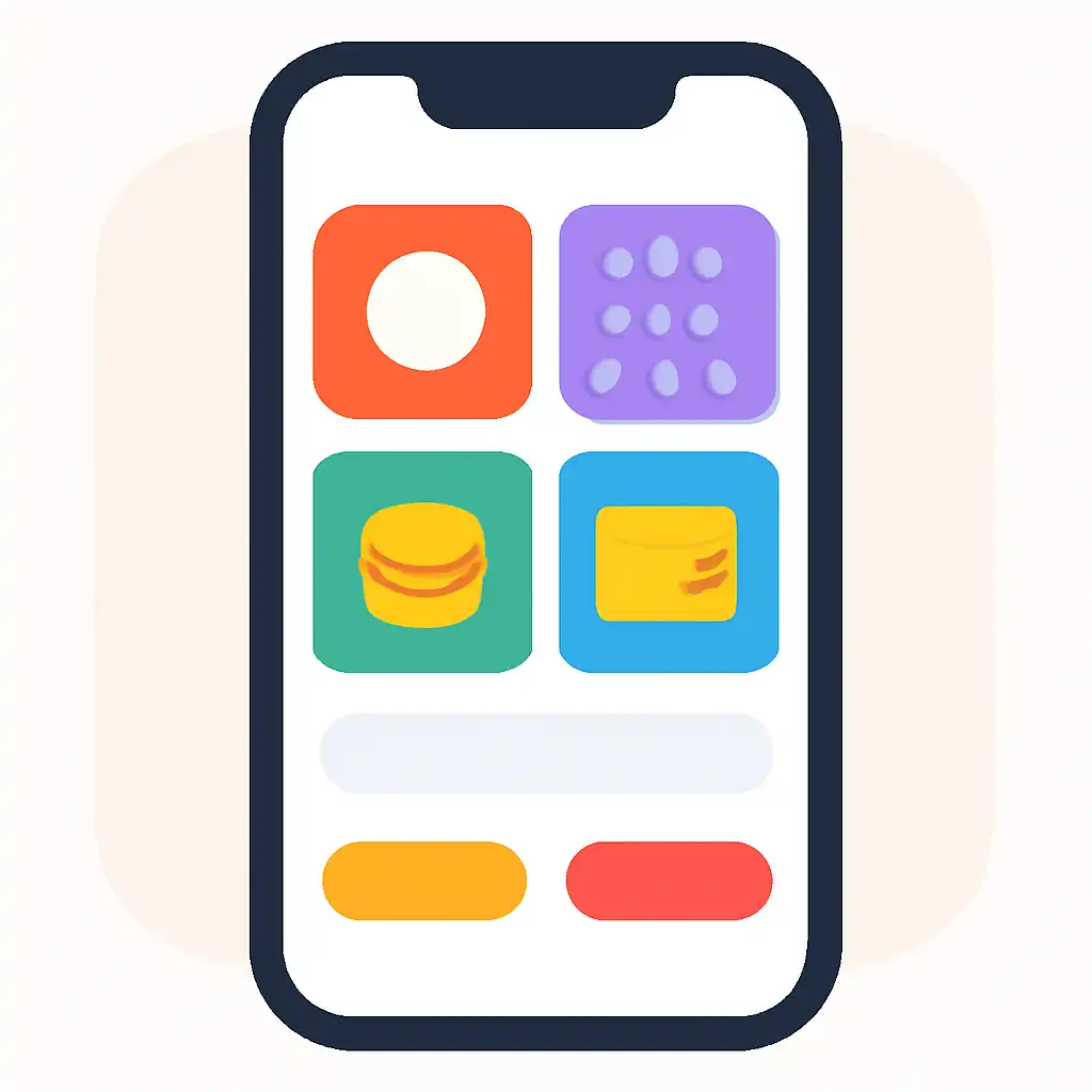 Smartphone shown from the front displaying a colourful flat layout of abstract game icons and rounded tiles, Plinko Game