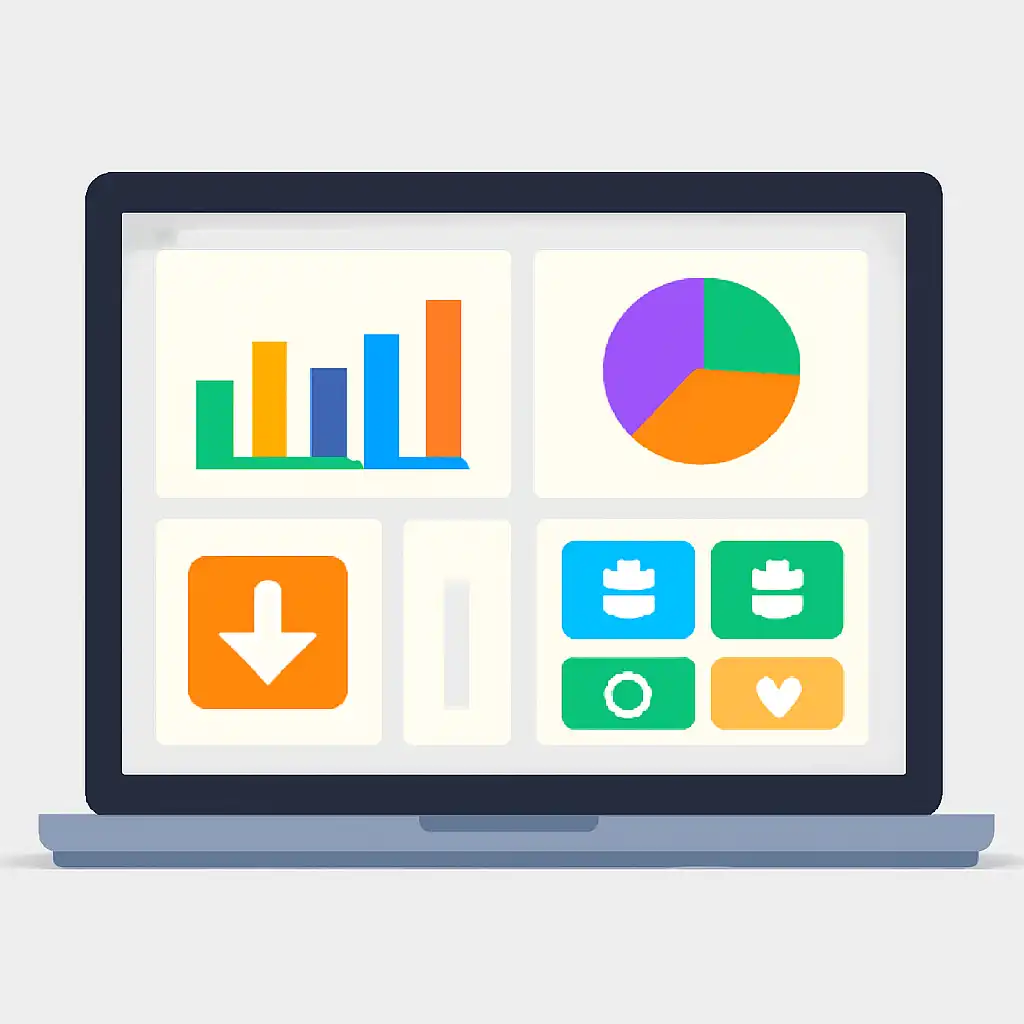 Laptop shown from the front displaying a colourful flat dashboard of abstract charts, bars and icon tiles, Plinko Game