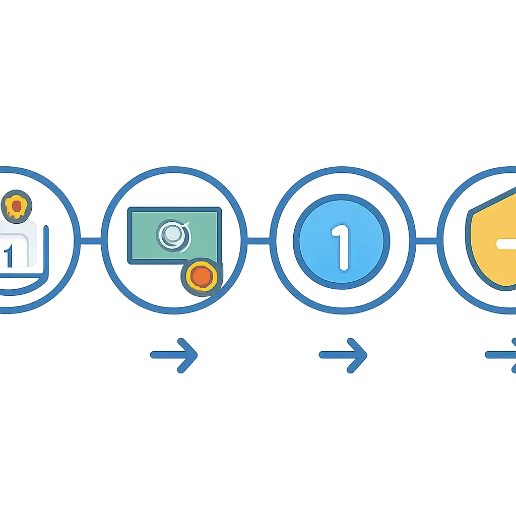 Five numbered circular icons connected by arrows in a horizontal flow, Plinko Game Deposits, Withdrawals and Limits steps