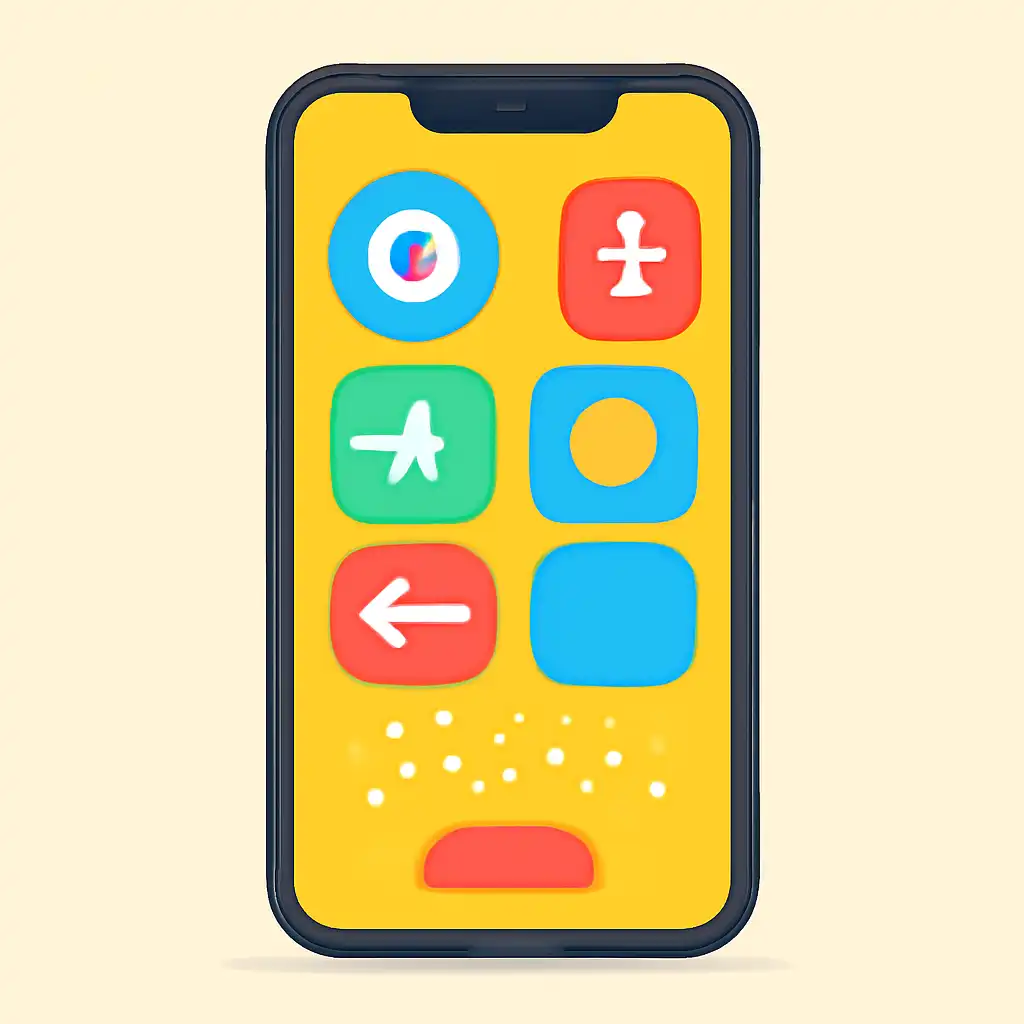 Smartphone shown from the front displaying a colourful flat layout of abstract game icons and rounded tiles, Where to Play