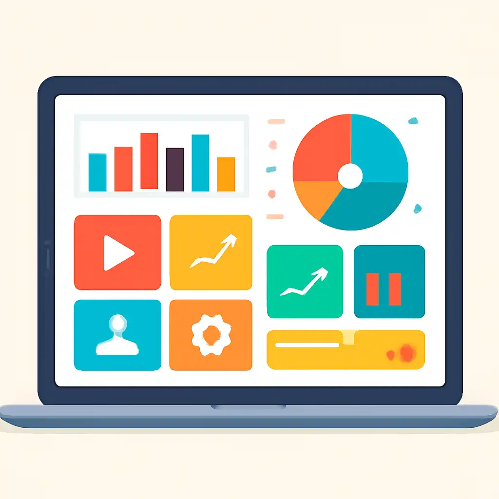 Laptop shown from the front displaying a colourful flat dashboard of abstract charts, bars and icon tiles, Where to Play