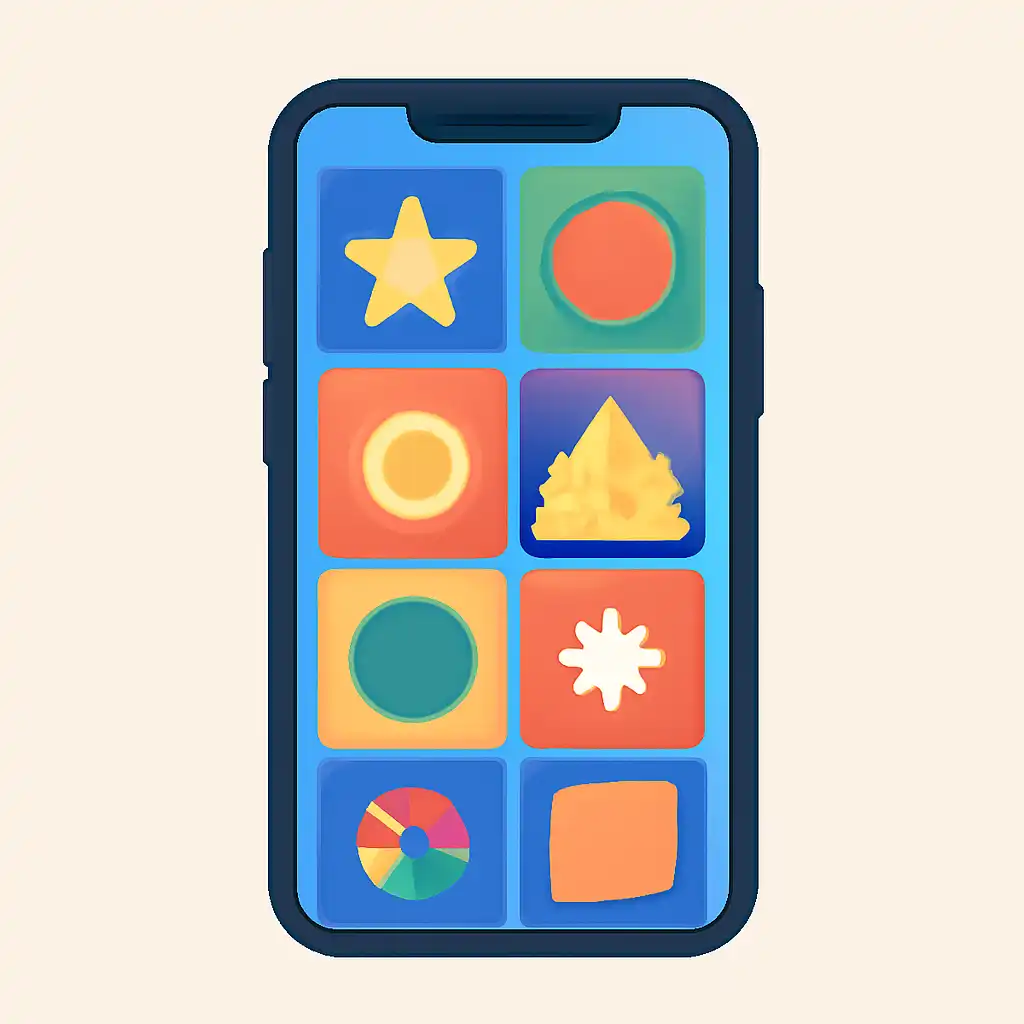 Smartphone shown from the front displaying a colourful flat layout of abstract game icons and rounded tiles, Is Plinko Game