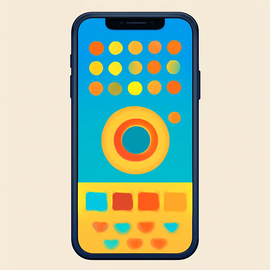 Smartphone shown from the front displaying a colourful flat layout of abstract game icons and rounded tiles, How Plinko