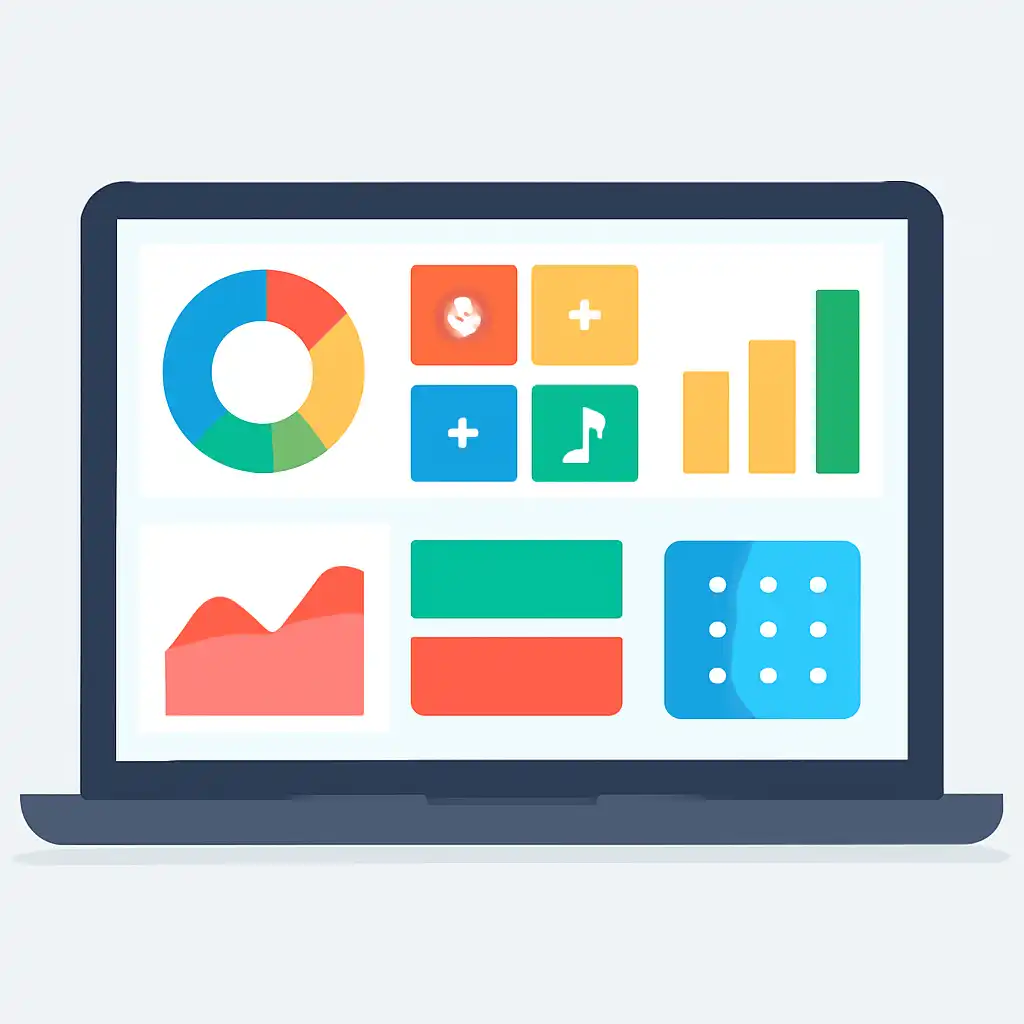 Laptop shown from the front displaying a colourful flat dashboard of abstract charts, bars and icon tiles, How Plinko Game