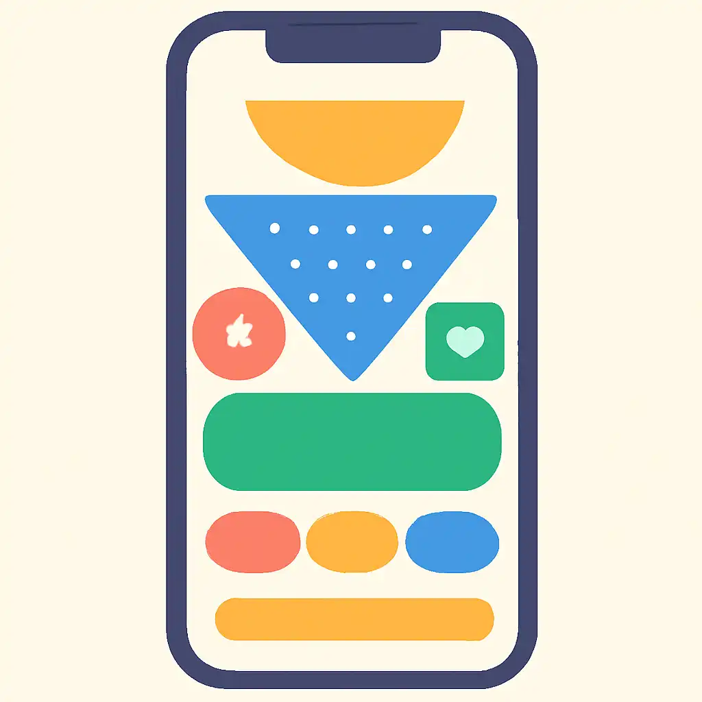 Smartphone shown from the front displaying a colourful flat layout of abstract game icons and rounded tiles, Plinko Game