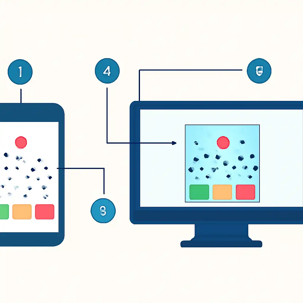 Annotated step diagram: mobile vs desktop process with numbered callouts, Plinko Game