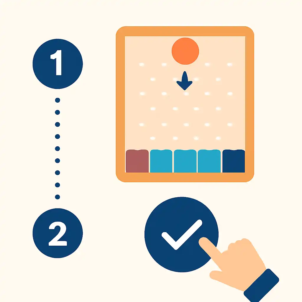 Annotated step diagram: what to check first process with numbered callouts, Plinko Game