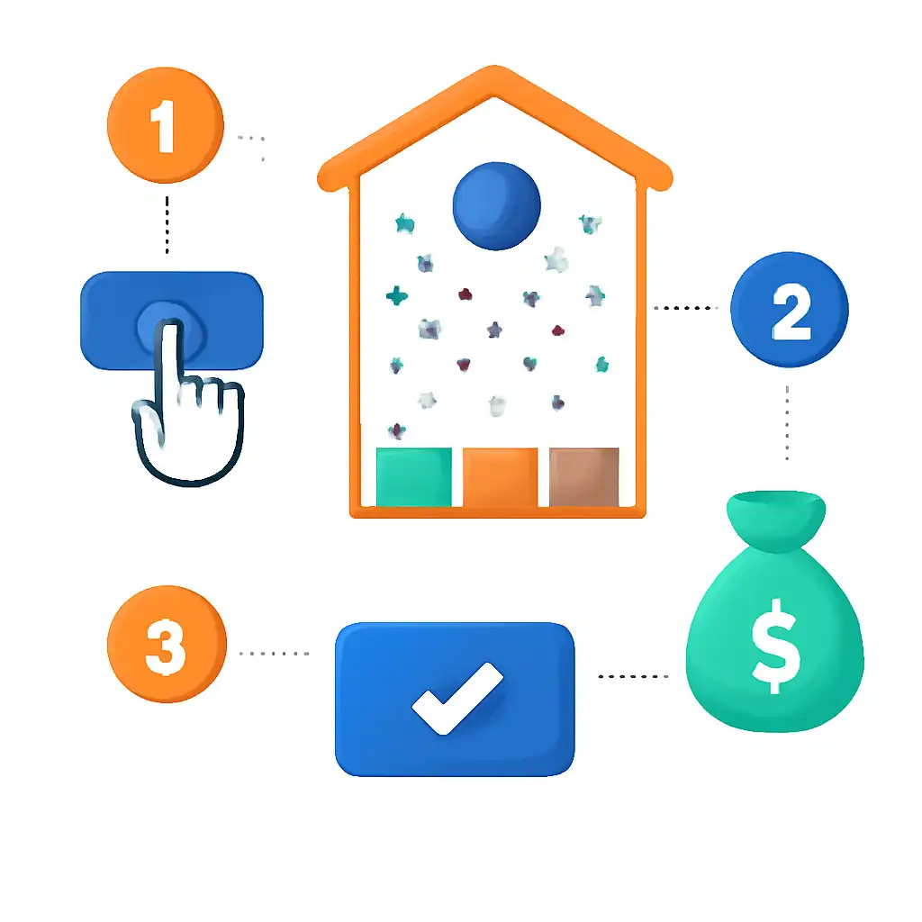 Annotated step diagram: house edge process with numbered callouts, Plinko Game